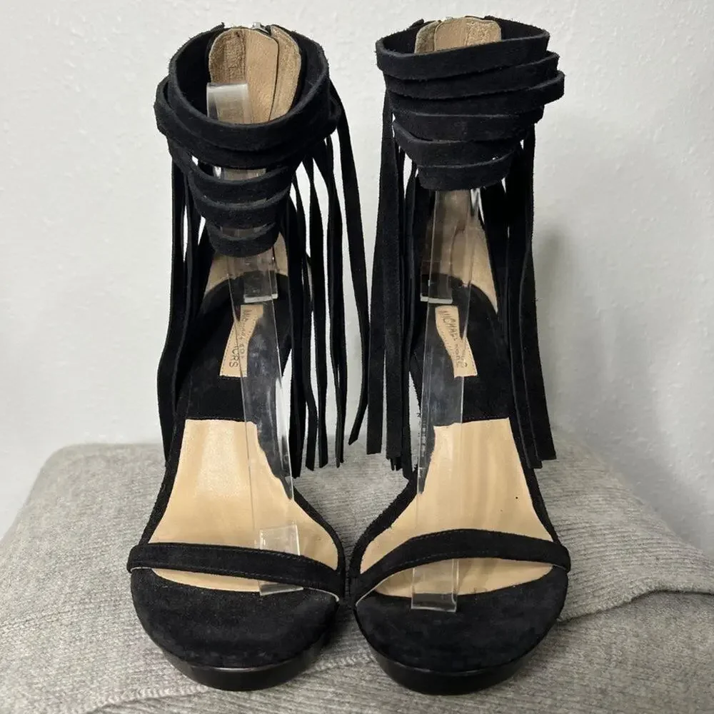 MICHAEL Kors Daphne Fringe Heels Black Suede Size 38